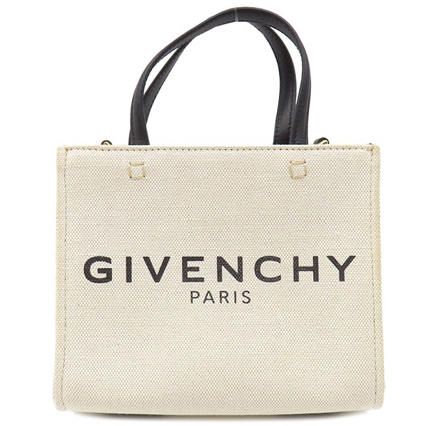 ジバンシイ 2WAYバッグ G-Tote ミニ キャンバス トートバッグ コットン レザー ベージュ×ブラック ゴールド金具 白 黒 ショルダー 【保存袋】【中古】