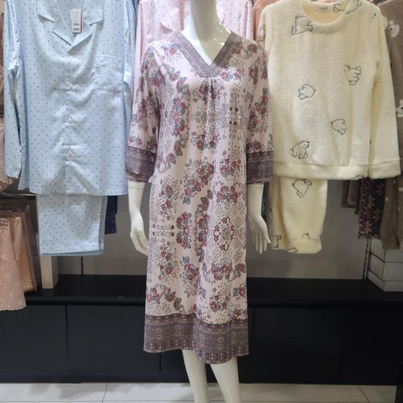 ポリ起毛 花ボーダーナ염 ワンピース[VEV3985L]-GY_BP