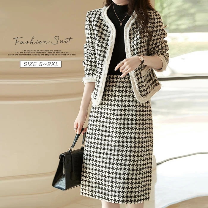 千鳥柄 セットアップ レディース きれいめ 2点セット スカート ミディアム 秋冬 ジャケット 長袖 秋 冬 コート ミディアムスカート ゆったり aライン ファッション 大人 春 上品 カジュアル