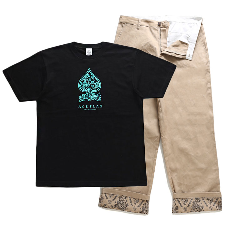 ACE FLAG 上下セット 半袖 Tシャツ チノパン ロングパンツ セットアップ メンズ 春夏用 黒 大きいサイズ エースフラッグ スペード ミントグリーン