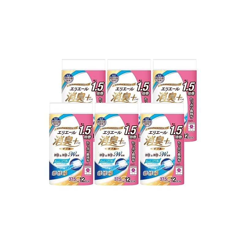 【即納】エリエール トイレットペーパー 消臭プラス(+) 1.5倍巻き 37.5m72ロール(12ロール6パック) ダブル パルプ100% 芯からしっかり香るフレッシュクリアの香り【ケース販売】