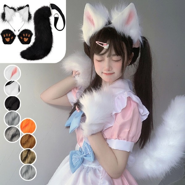 コスプレ道具 手作り 尻尾 耳 カチューシャ 手袋 セット 可愛い 猫 狐 コスプレ cosplay 可愛い 大人用 子供用 仮装 文化祭 学園祭 コスチューム アクセサリー ハロウィン 黒 白 灰色