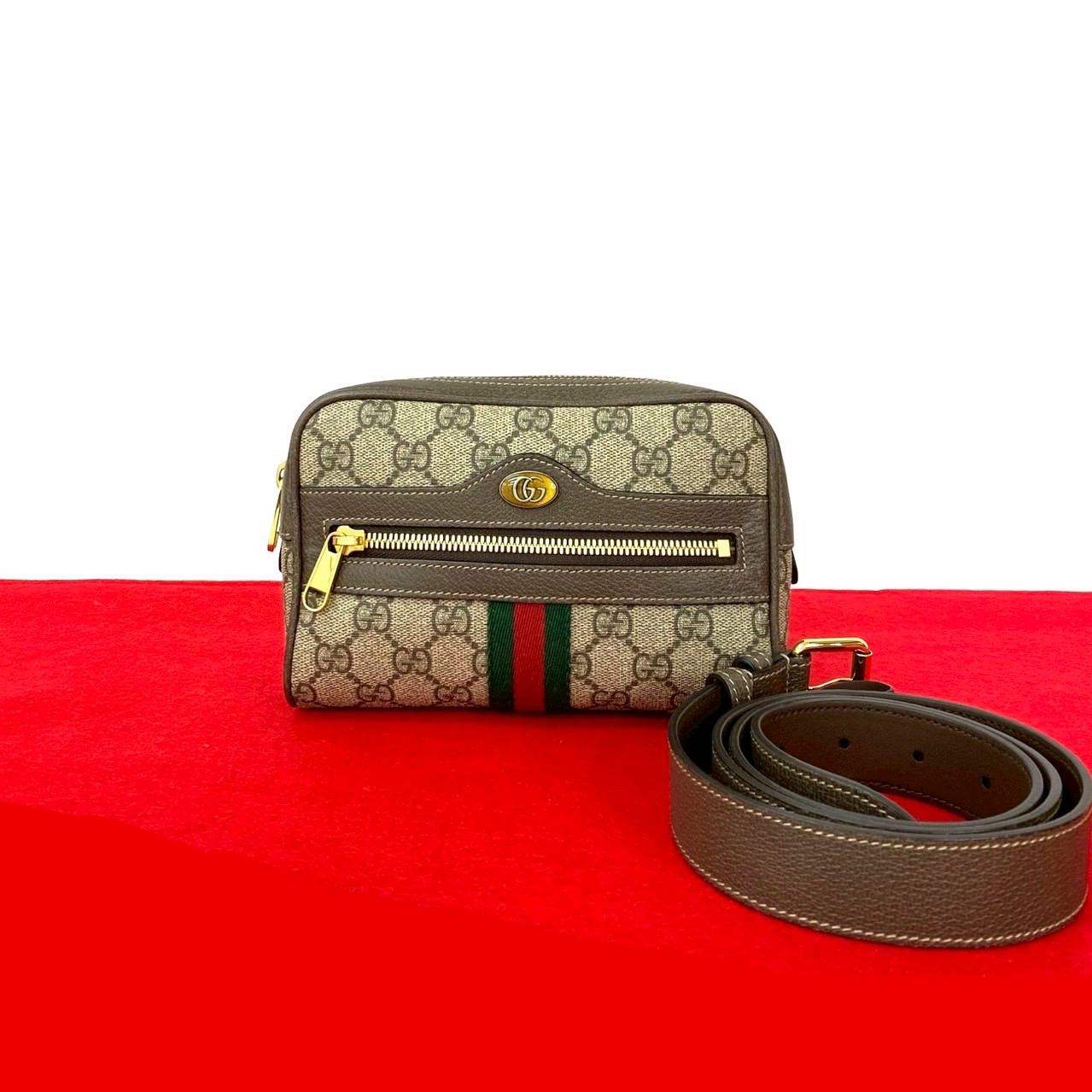 GGスプリーム オフィディア ウエストポーチボディバッグ レザー PVC ブラウン f2029