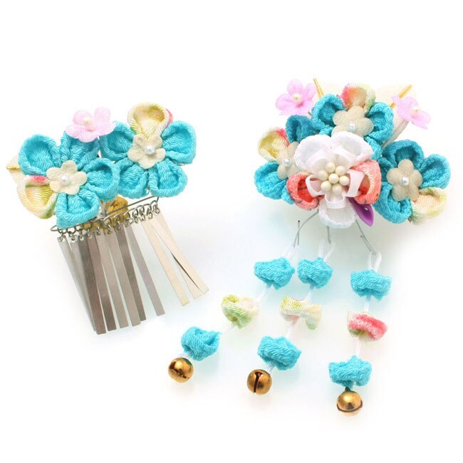 髪飾り W26- 七五三 パッチンピン 2点セット ちりめん つまみ細工 びらかん ブルー