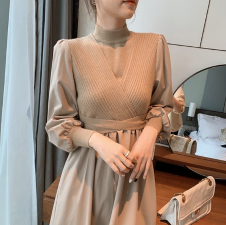 ワンピース デート ミモレ ミモレ丈 袖あり 長袖 春 秋 冬 10代 20代 30代 レディース 個性的 ベージュ S M L XL レトロ パフスリーブ ロング丈 エレガント ウエストマーク