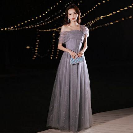 お得な価格ロング ドレス パーティードレス 個性的 袖あり 大人 Aライン ワンショルダー チュール 透け感 ブルー グレー くすみカラー ラメ 結婚式 二次会 お呼ばれ フォーマル 演奏会 ピアノ