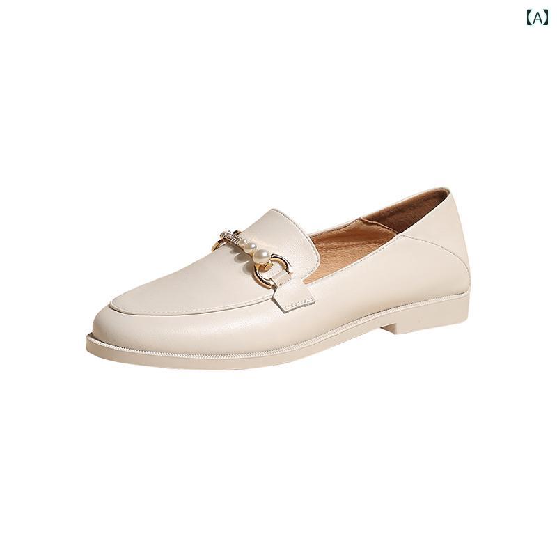 ローファー レディース 通学 通勤 学生 カレッジ 仕事 オフィス 女性 フラット シングル シューズ パール チェーン 革 ラウンドトゥ カジュアル ステッピング 革靴
