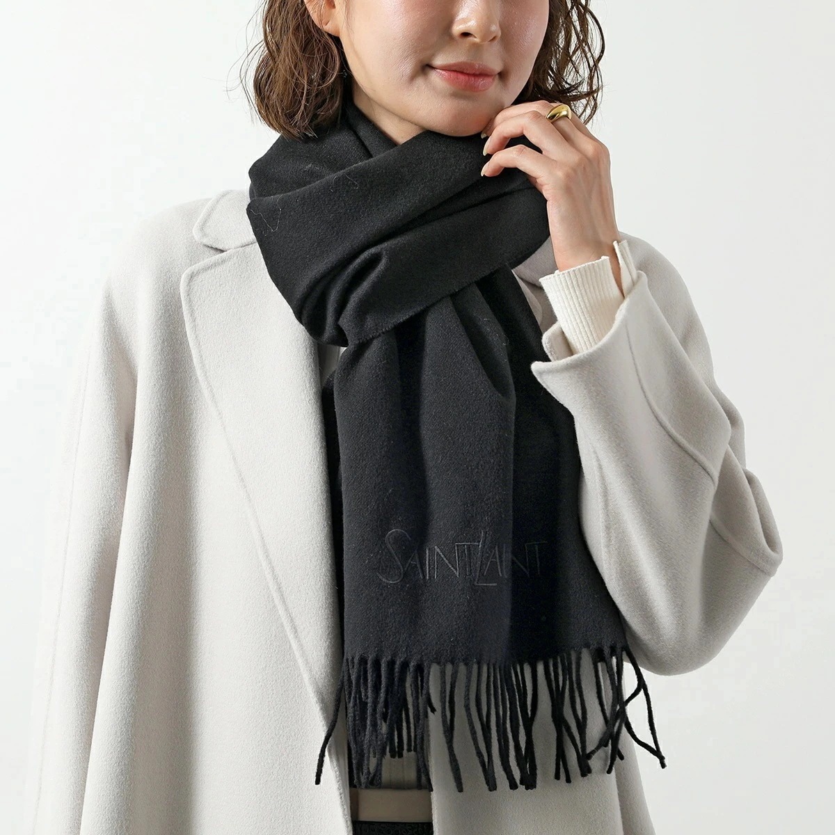 SAINT LAURENT サンローラン マフラー 748959 3Y201 レディース メンズ カシミヤ ストール スカーフ フリンジ ロゴ 刺繍 1060