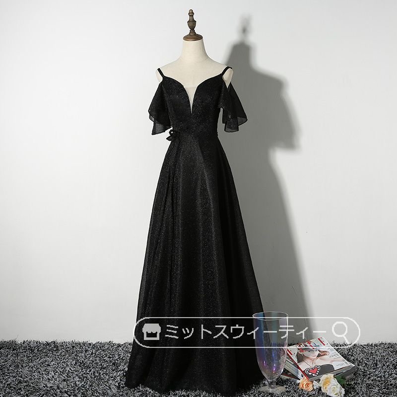 Aラインドレス カラードレス 袖付き 舞台 声楽 ロングドレス 演奏会 コンサート 衣装 大人 黒