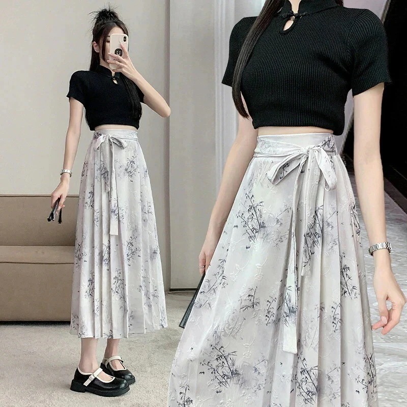 プリーツスカート ジャカード染めプリーツスカート女性L 通勤ハイウエストスリムスカート ロングスカート レディース