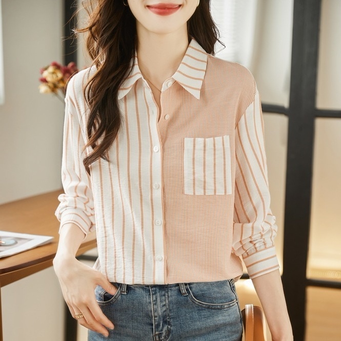 オレンジストライプ ストライプ柄シャツ カジュアルボーダーシャツ コットンシャツ トップス Tシャツ シャツ ブラウス カットソー 白シャツ 袖あり 長袖 Vネック 襟付き スリム ストレート