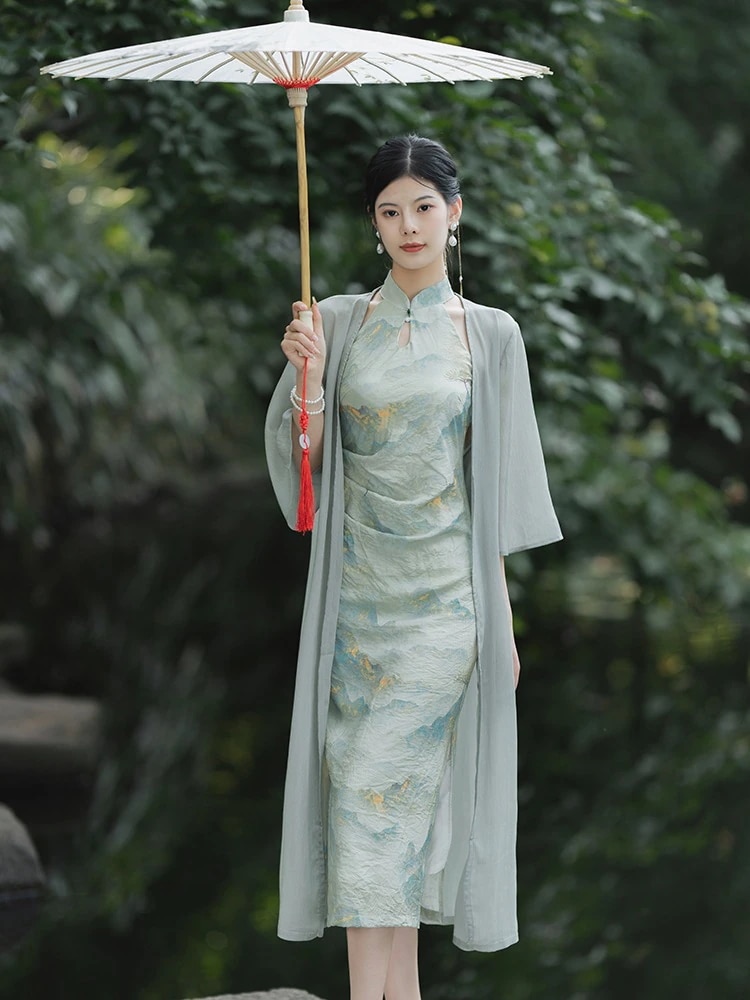 酔清風.上品 チャイナドレス カーディガン付き ワンピース チャイナワンピース スリット レトロドレス パーティー フォーマル 演奏会 成人式 新中式