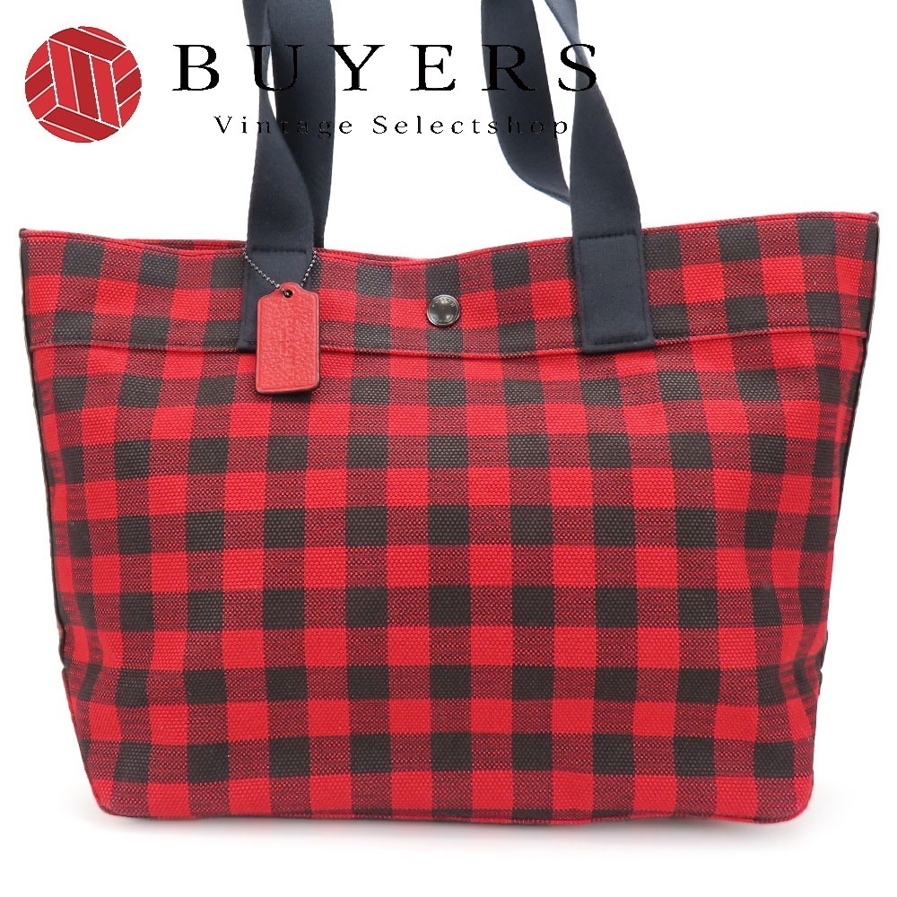 中古 トートバッグ F39848 キャンバス レザー レッド ブラック シルバー金具 肩掛け ギンガムチェック柄 カジュアル レディース 女性