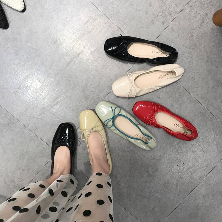 5color レディース リボン付きバレエシューズ エナメルリボンローヒールパンプス バレエシュ-ズ