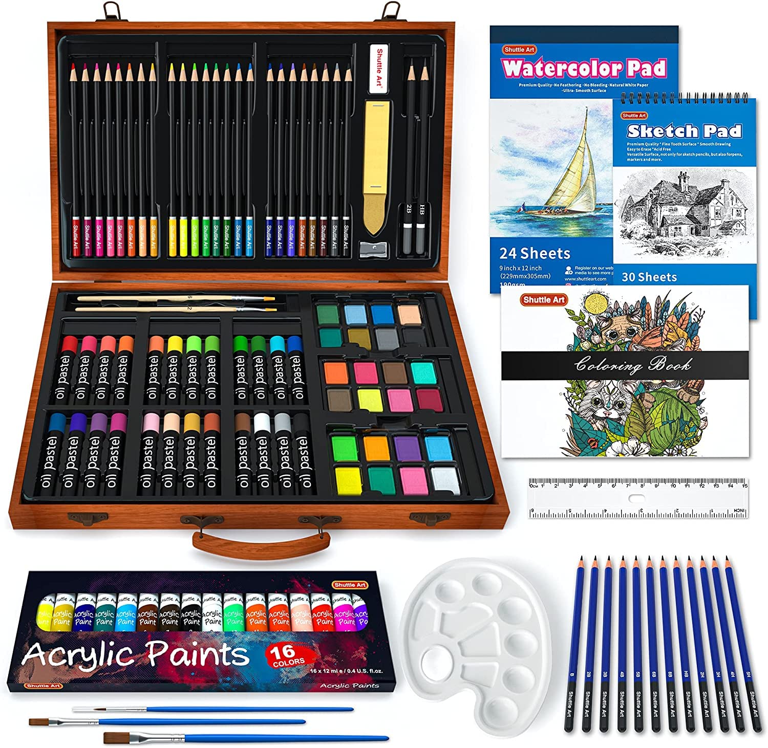 Shuttle Art お絵かきセット アートセット 画材セット 118点 色鉛筆 アクリル絵の具 固形水彩 デッサン鉛筆 パステル 塗り絵 スケッチ 水彩画 イラスト パレット ブラシ付き 子供用