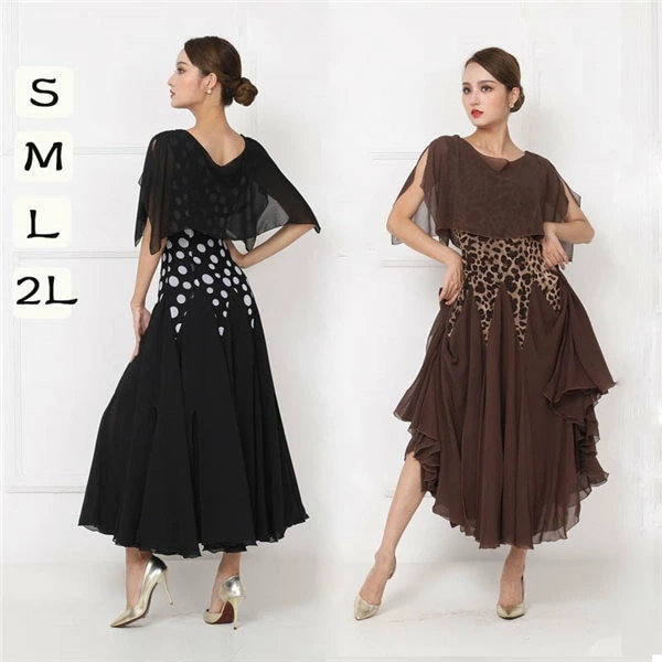 社交ダンスドレス ダンス衣装 社交ダンス ドレス 衣装 ダンスドレス ケープスリーブ 半袖 透け感 ドット柄 ロング丈 スタンダードドレス ワルツ モダン 競技ダンス ダンスウェア レッスンウェア イ