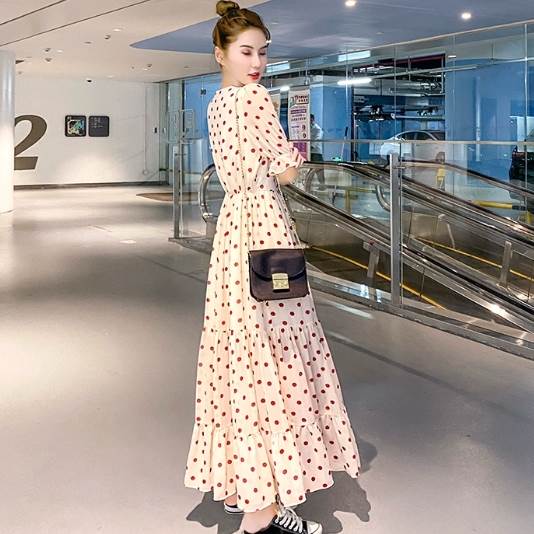 ワンピース ロングワンピース 袖付き 5分袖 襟なし Vネック ウエストマーク ハーフボタン フレア