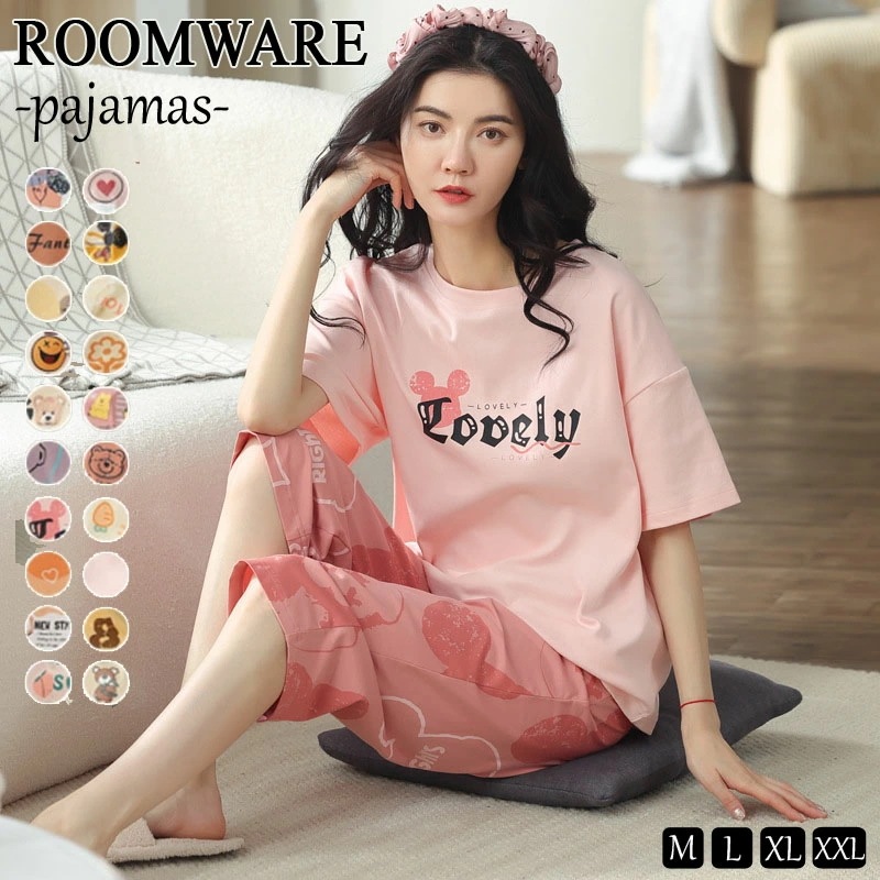 パジャマ ルームウェア レディース 可愛い 上下セット 半袖 七分ズボン 春夏秋 パンツ トップス セットアップ 2点セット ゆったり パジャマ 部屋着 寝巻き カットソー プルオーバー ドロップシ