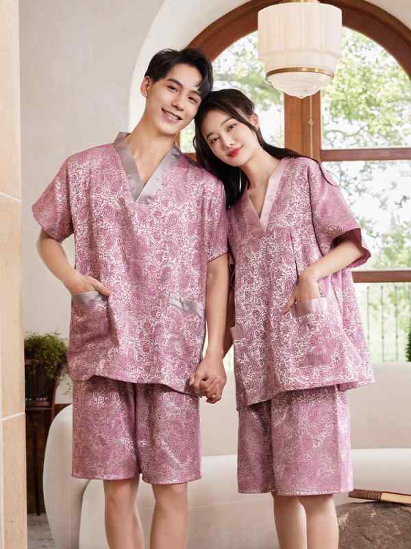 サウナ服 パジャマ ルームウェア メンズ レディース コットン 大きいサイズ マッサージ 入浴 ペイズリー柄 ピンク