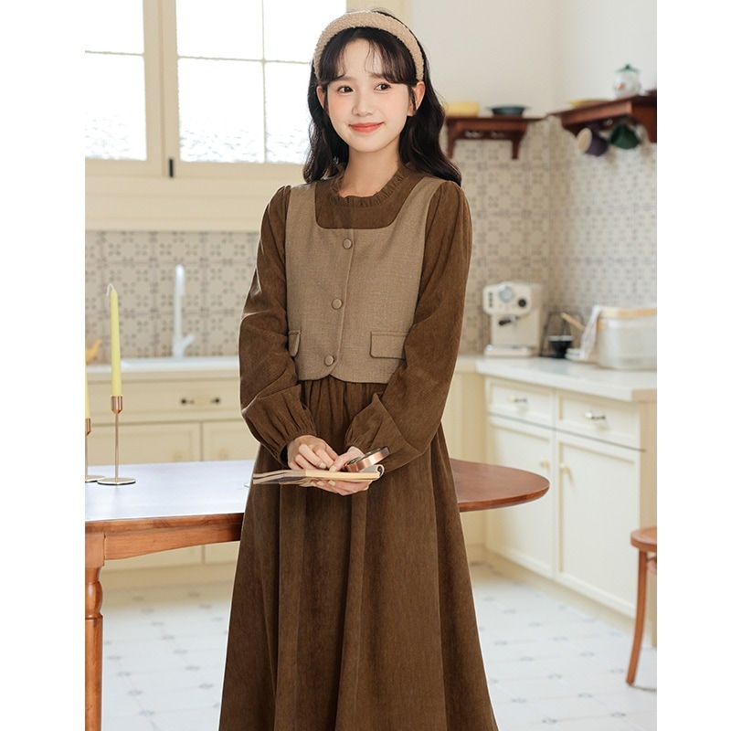 コーデュロイフェイクツーピースドレス文学レトロ優しいスタイルボトムスカートレディース2024着痩せ