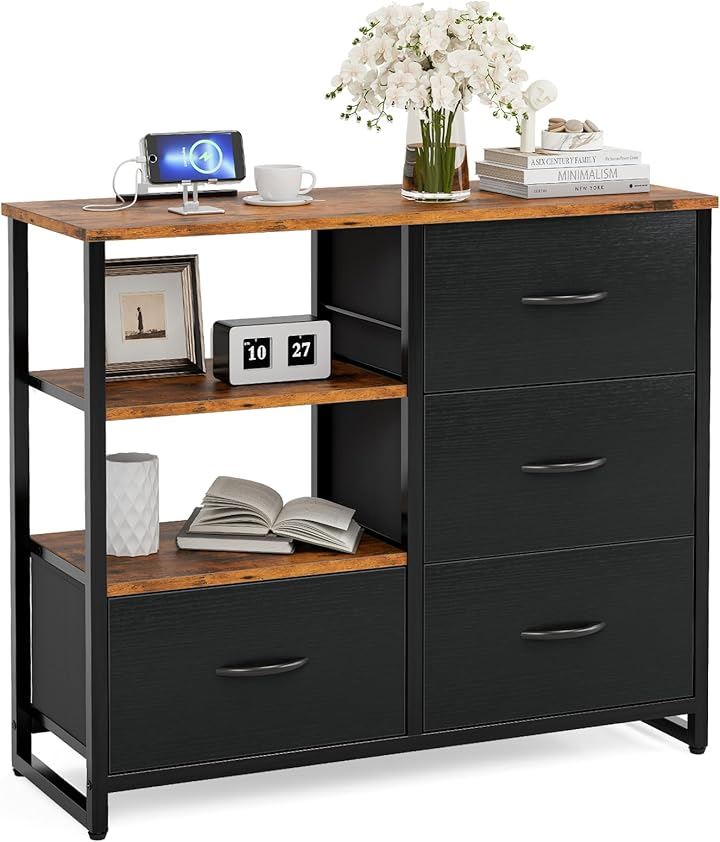 チェスト収納 タンス 棚付き 箪笥 リビング収納チェストUSBポート付き おしゃれ コンセント付き 収納ケース 大容量(ブラック, 奥行30cm x 幅84cm x 高さ71.4cm)