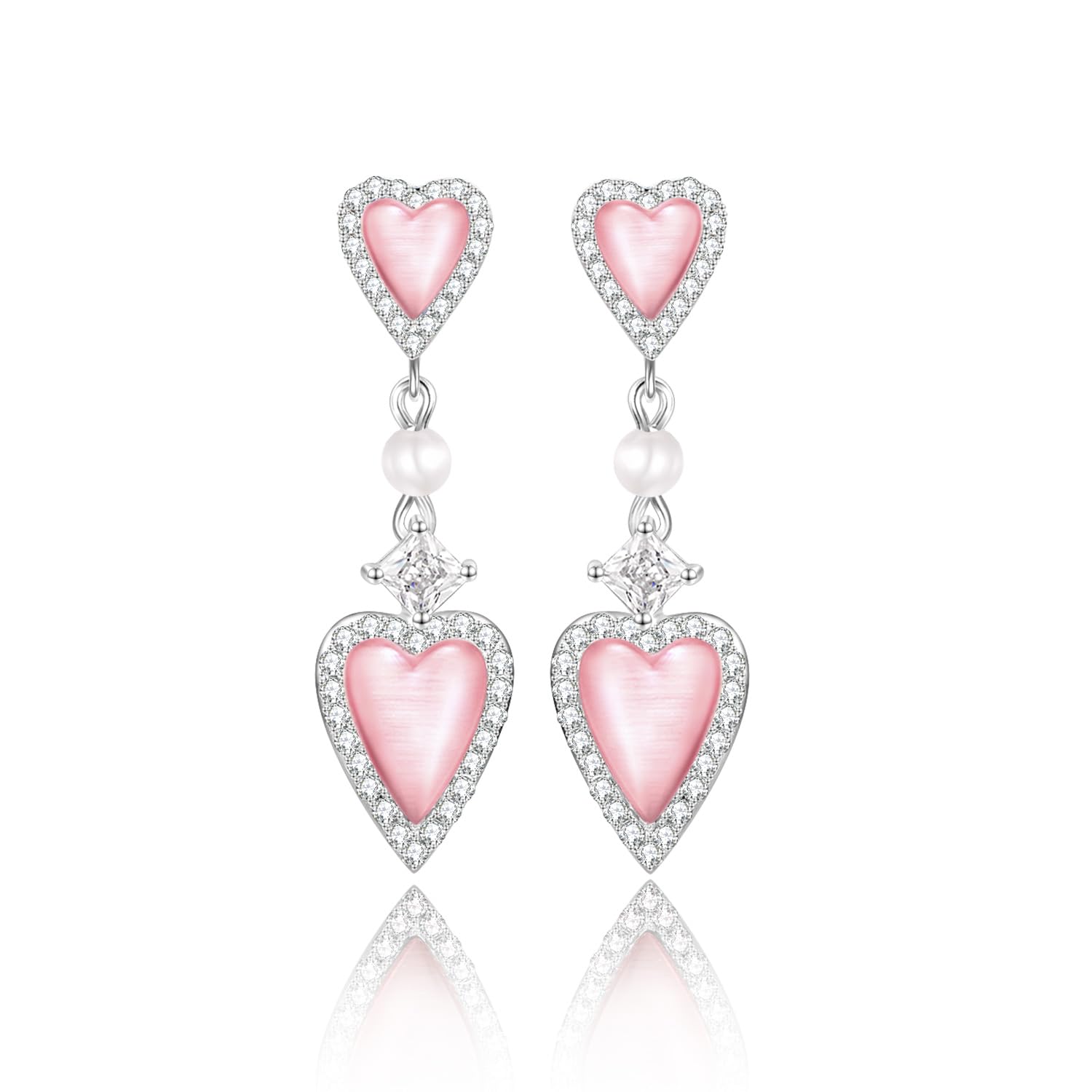 [FANCIME] ハート ネックレス レディース ピアス 純銀 キャッツアイ オパール「Girls Heart」ピンク ジルコニア キラキラ 揺れる クリスマス ホワイトデー 彼女 記念日 誕生日