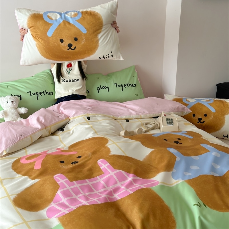 Li Meng 手をつなぐクマかわいい 40 カウント純綿 4 点セットコットンシーツキルトカバー寮寝具