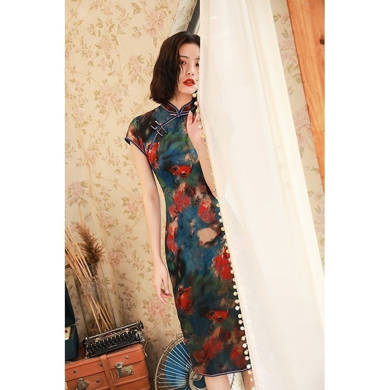 2025 糸ミッドレングス レトロ チャイナ ドレス夏品質本物の花チャイナ ドレス 母の日 母の日-0006893