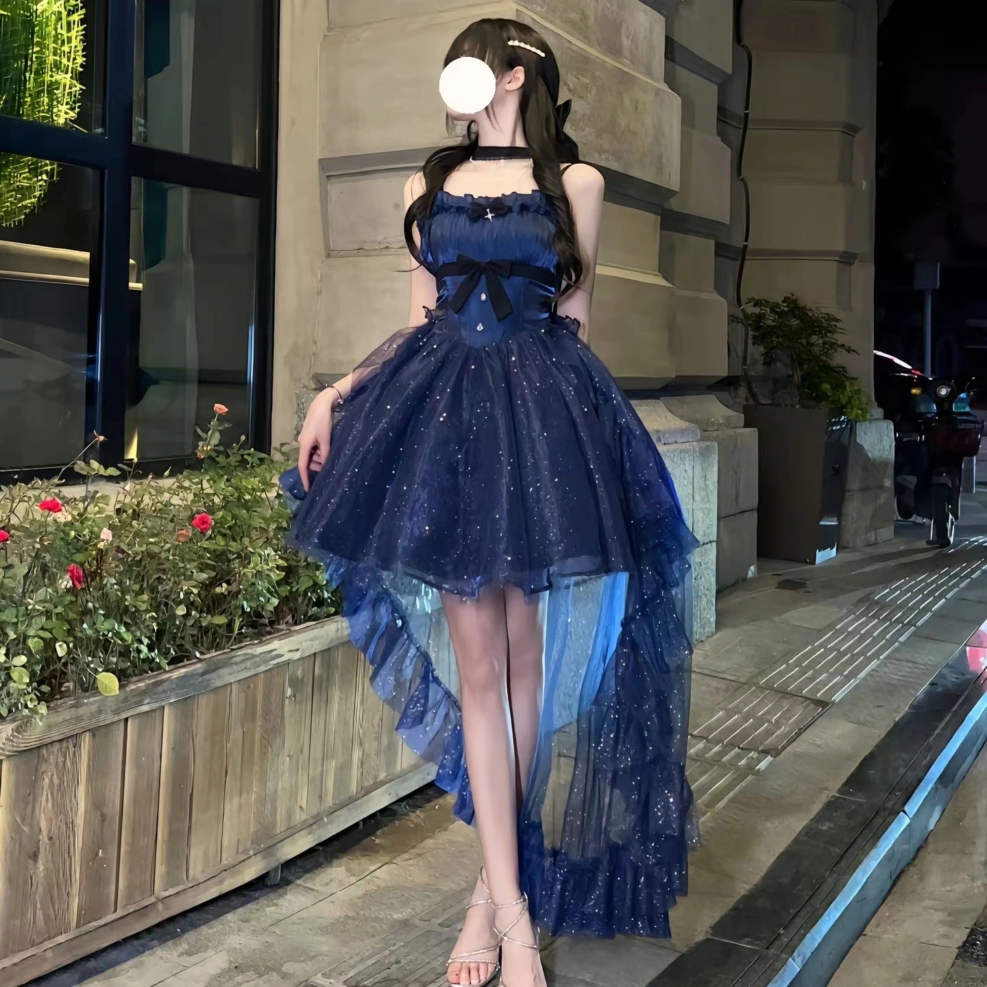 ロリータドレス 微ラメロリータスカート トレーリングブループリンセスライトドレス