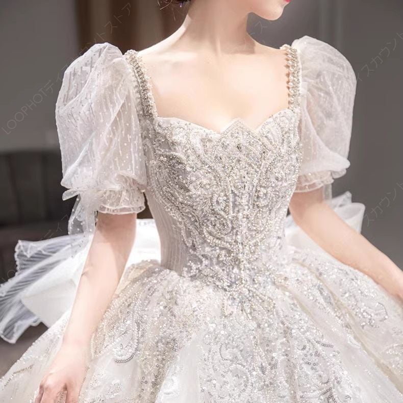 ウェディング ドレス エンパイア/トレーンラインパフスリーブ 花嫁ロング ドレス 簡約 結婚式 露背 可愛い 花嫁ロングドレス 結婚式 トレーンライン 二次会 フォームドレス-96