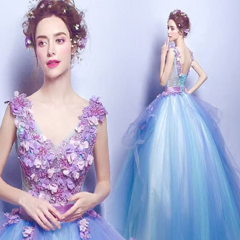 ブルーフラワーフェアリー風ロングドレス 演奏会用 発表会用 パーティードレス