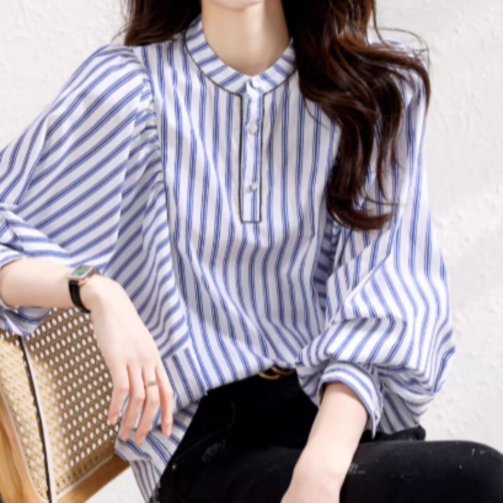 ストライプ フリル シャツ シアー ブラウス バンドカラー 長袖 パーティースタイル ホームパーティーアイテム オフィススタイル エレガントスタイル カジュアルスタイル 謝恩会 ラウンジウェア