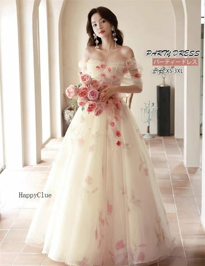 カラードレス 花飾り ブライダル 礼服 成人式 ウェディングドレス プリンセス 結婚式 花嫁ドレス オフショルダー パーティードレス ロング ワンピース レディース 上品 フォーマル お呼ばれ コンサ