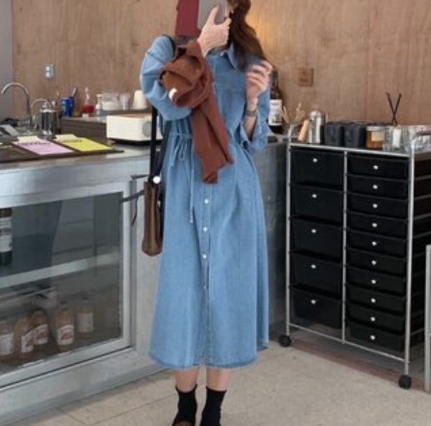 ワンピース デート デニムワンピース ミモレ ミモレ丈 袖あり 長袖 デニム かわいい 大人可愛い きれいめ シンプル カジュアル 大人 上品 おしゃれ お洒落 主役級 存在感 春 秋 10代 20代
