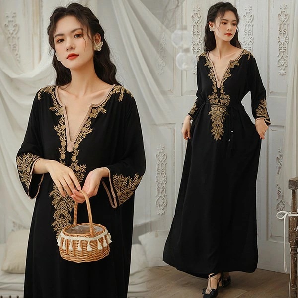 リゾートワンピース 刺繍 沖縄 マキシ丈 ワンピース リゾート 大人可愛い 夏ワンピース リゾート ワンピース Vネック 長袖 夏ワンピ きれいめ 大人可愛い 花柄 ワンピース ゆったり ハワイ 結