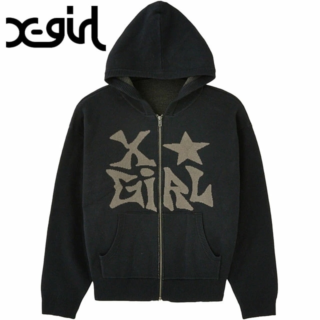 ジャガードニット ジップアップフーディー [105253015007] レディース xgirl トップス フルジップ ニットパーカー BLACK 正規取扱店