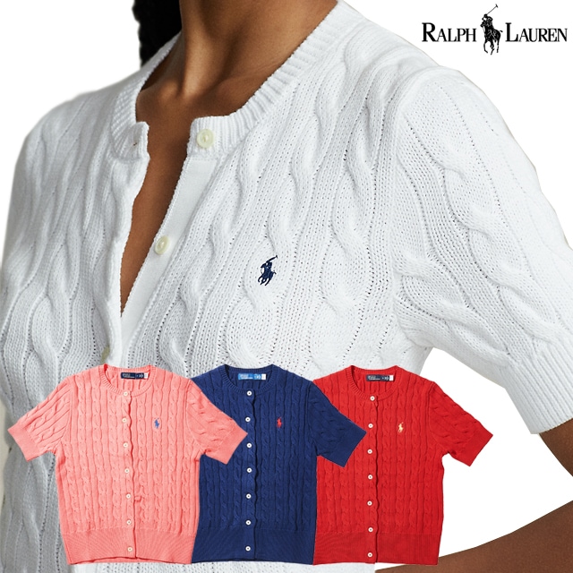 本物保証 ラルフ レディース コットン スリム クルーネック カーディガンニット フロントボタン ショートスリーブ（半袖） セーター 4 カラー展開