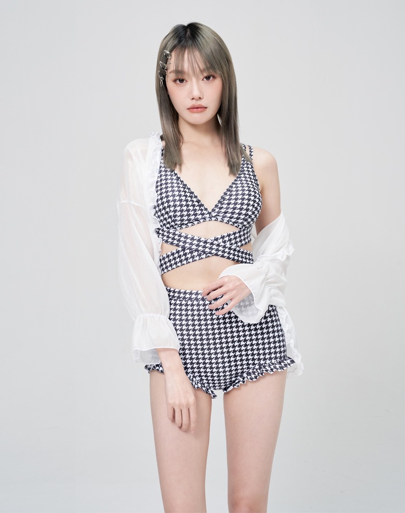 千鳥格子柄タンキニ 水着 ビキニ タンキニ セパレート リボン ハイウエスト 谷間 谷間魅せ 盛れる セット 上下セット 2点セット かわいい 大人可愛い きれいめ セクシー sexy シンプル