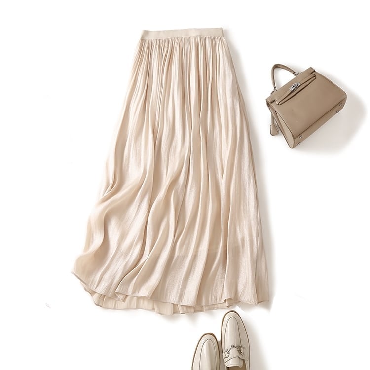 スカート ボトムス フレアスカート ミモレ丈 ワントーン ツヤ感 ワッシャープリーツ リブ 薄手 絞り染め おしゃれ お洒落 スカート ロング フレア ハイ ウエスト アンクル丈 テロテロ lbot0