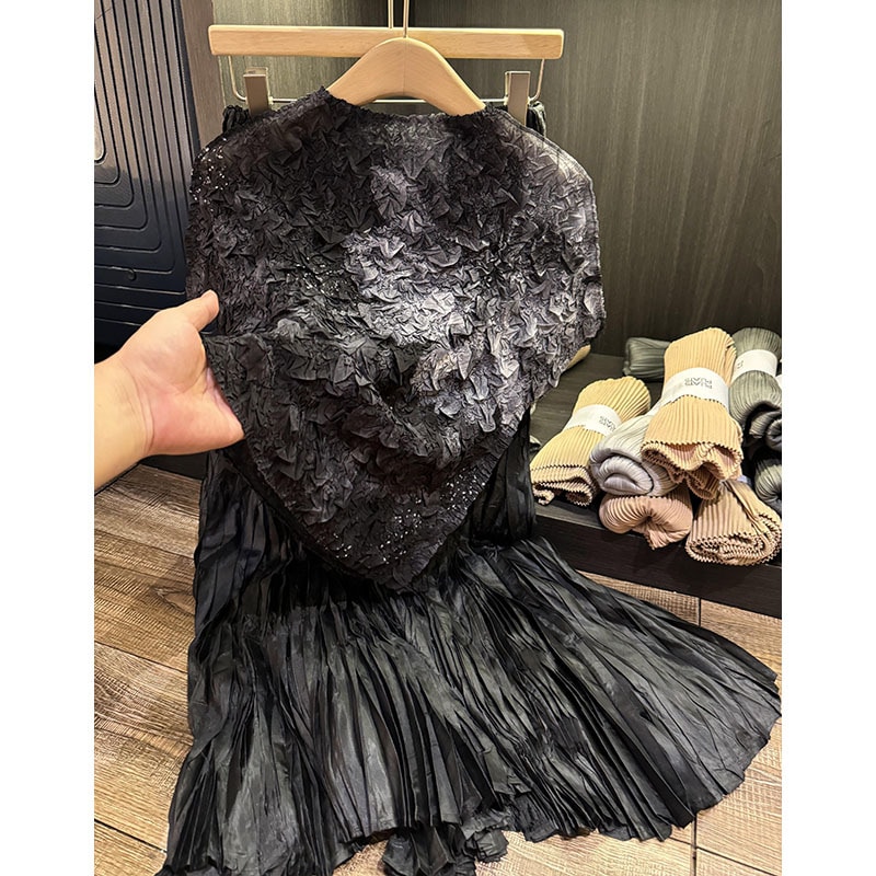 プリントのしわをデザインした上着の気質が痩せているスカート2点セットの夏ファッションセット