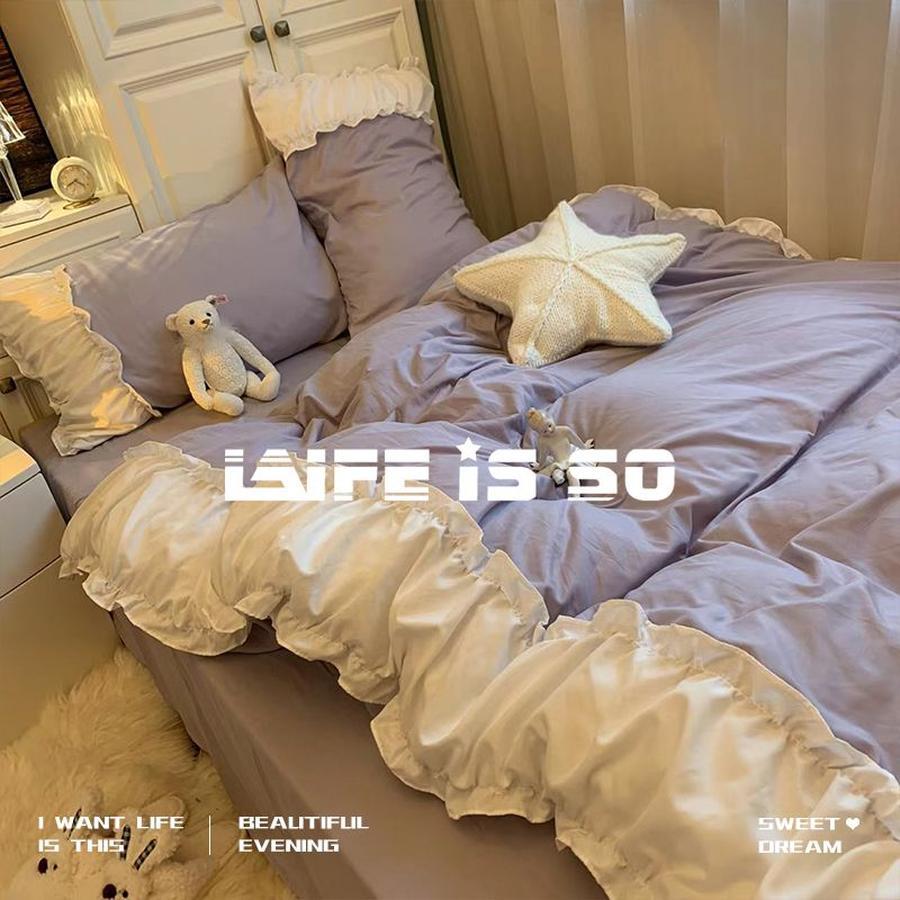 韓国 プリンセス風 布団カバー レース本 ベッドスカート 4点セット せんじょうめん シーツ