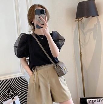 レディース トップス カットソー プルオーバー 半袖 ボリューム袖 パフスリーブ ラウンドネック スリム 細身 ストレート オーガンジー かわいい 大人可愛い シンプル カジュアル 上品 おしゃれ