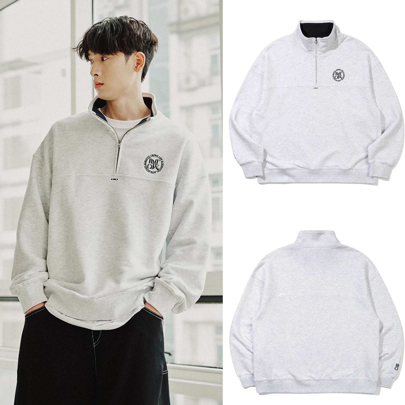 サークルロゴ コットン アノラック ライトグレー シンプルデザイン おしゃれ 韓国ファッション 秋コーデ