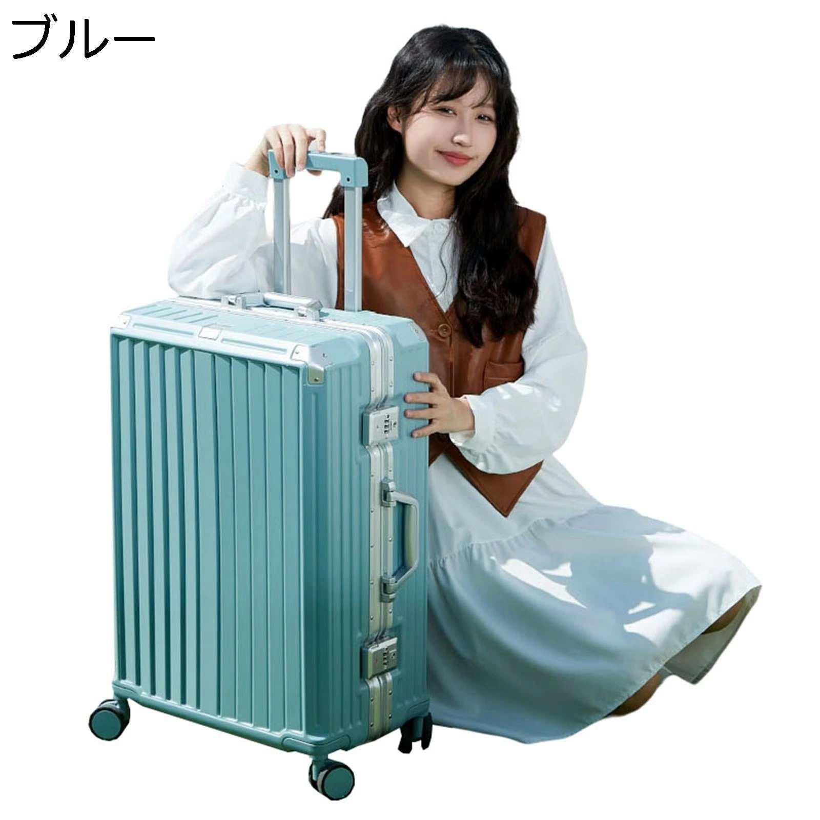 スーツケース キャリーバッグ ダブルキャスター 静音 360度回転 四角 耐衝撃 鍵付き 盗難防止 アルミフレーム 撥水加工 大容量 41L 収納便利 多段階キャリーバー 無地 ブルー 旅行 出張 通