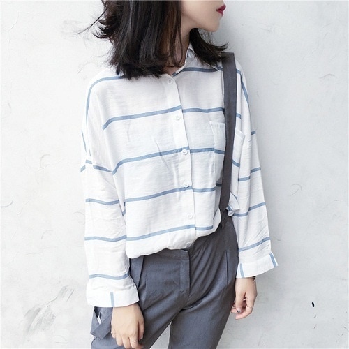2020.ワイドボーダーシャツトップス(ライトブルー)