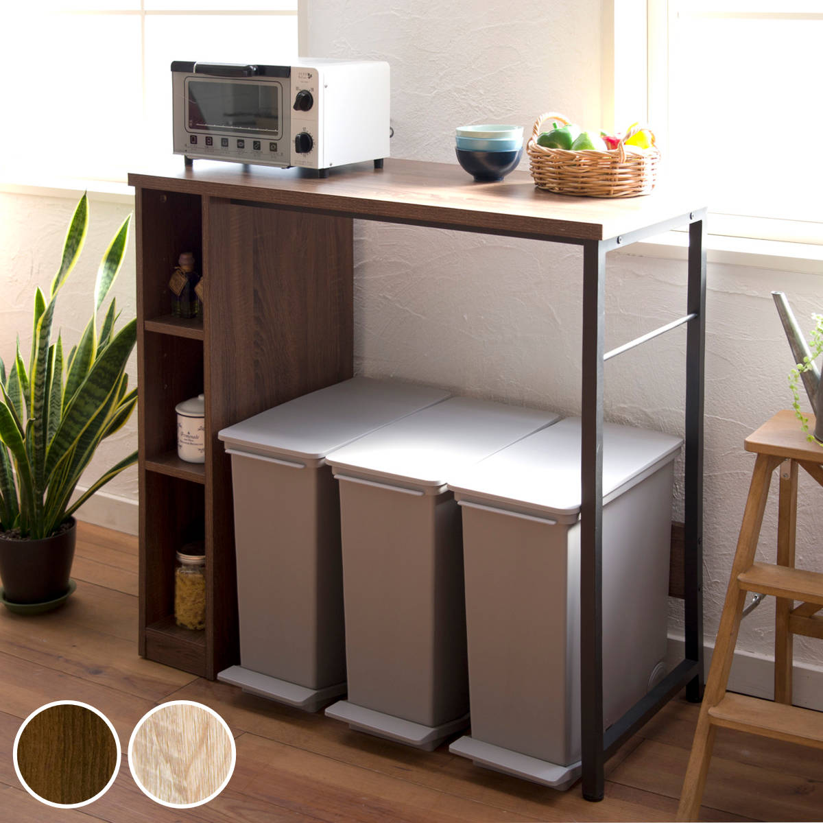 キッチンカウンター ハイタイプ 棚付 ナチュラル調 幅98cm キッチンラック キッチンボード キッチン収納 耐熱 コンパクト 家電収納 レンジラック ゴミ箱上収納 作業台 ホワイト