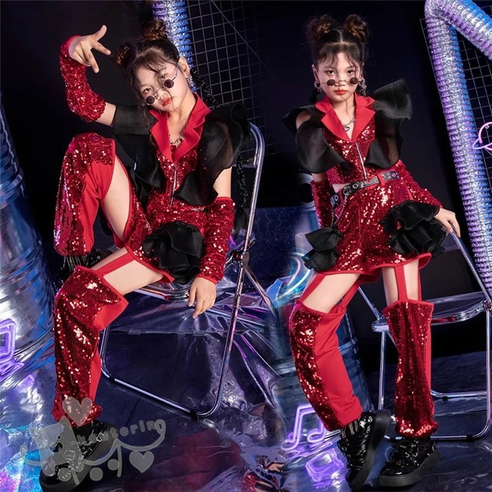 キッズダンス衣装 チアガール セットアップ hiphop ジャズ キラキラ トップスカーゴパンツ オシャレ モデル 子供服 演出服 K-POP 韓国 演出服 練習着 応援団 イベント 舞台衣装 JAZ