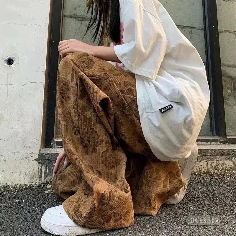 ワイドパンツ 涼しげ アーバンモードな 柄パンツ ルーズシルエット ワイドパンツ コーデュロイ 総柄 ボタニカル プリント イージー 花柄 3XL展開 カジュアル ストリート 韓国っぽgh