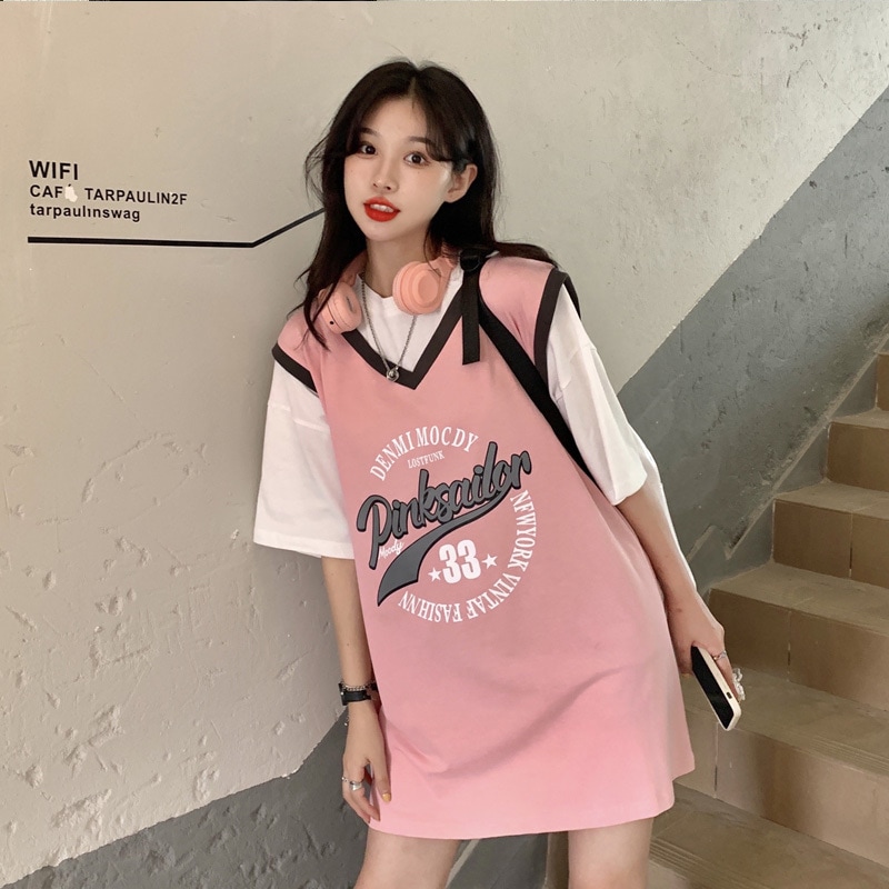 ジャージ スポーツ バスケ フェミニン フェイクツーピース トップス ワンピース Tシャツ シャツ ビッグT 袖あり 半袖 ラウンドネック 襟なし ワイド ツーピース かわいい カジュアル おしゃれ