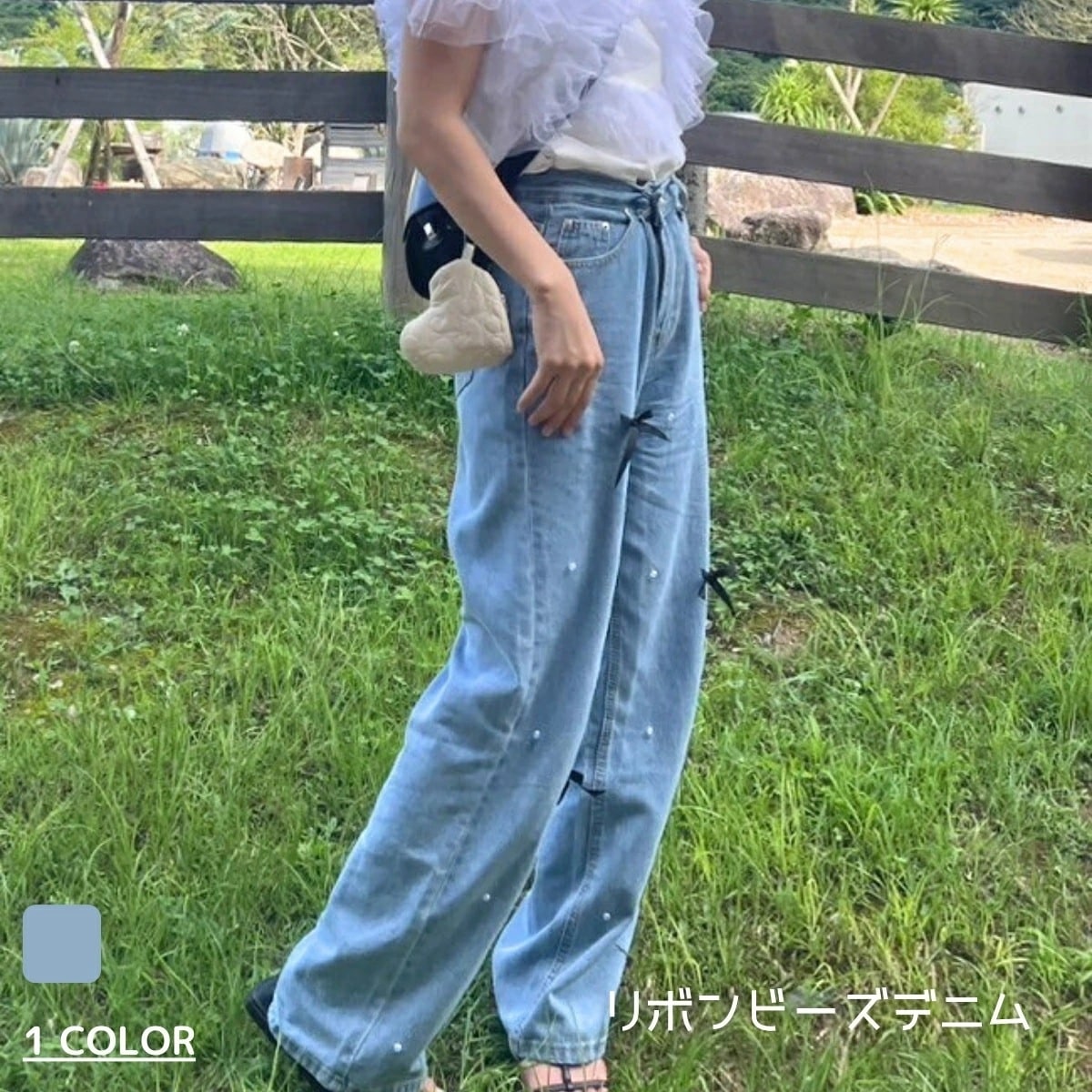 【在庫一掃セ一ル】【即日発送】レディース パンツ デニム リボンビーズデニム リボン ビーズ ボトムス 細見え JP ファッション 海外 輸入 インポート 大人服 ママ服 春 夏 秋 冬